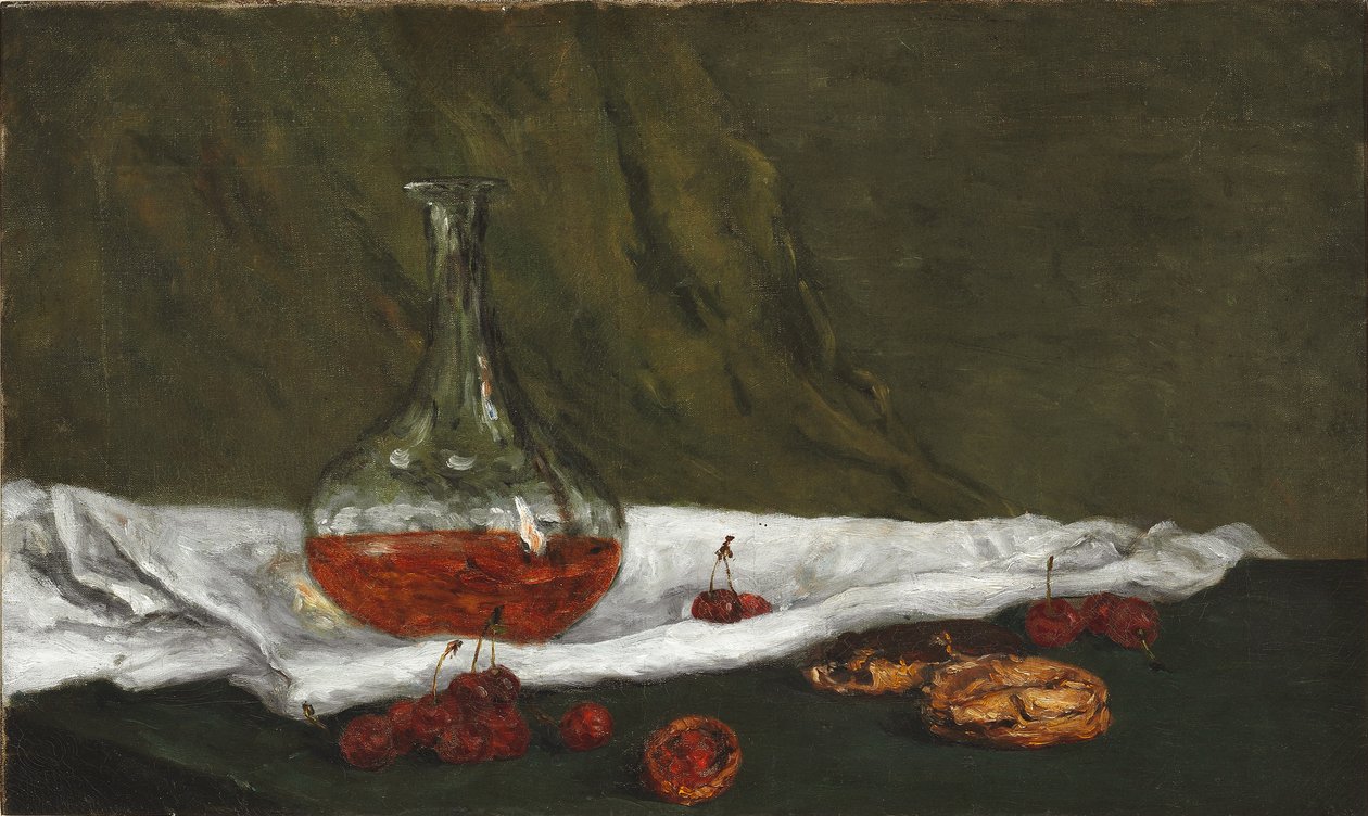 法语  Cerises et carafon 樱桃和酒杯 作者 保罗·高更