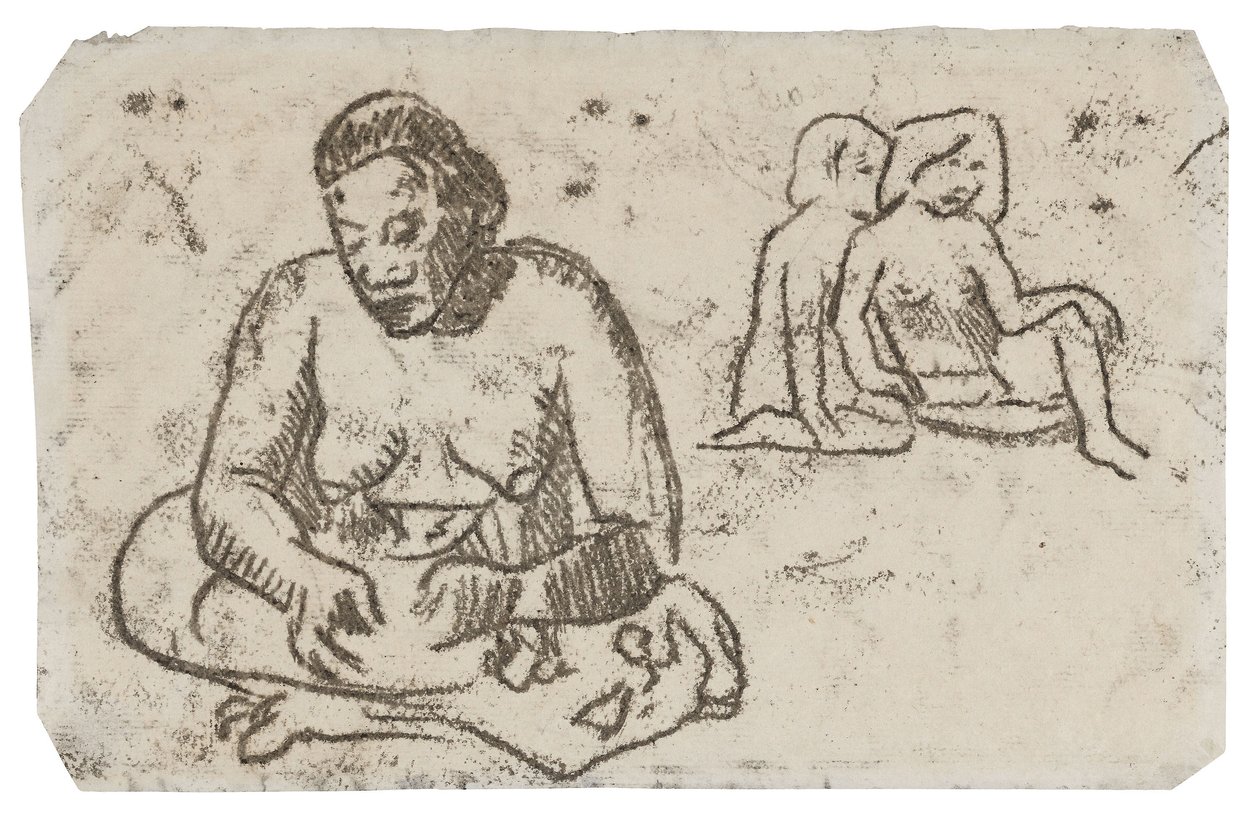 坐着的女性（与画作《慈善修女》有关），约 1902 年（象牙色织纹纸上的黑色墨水转印画） 作者 保罗·高更