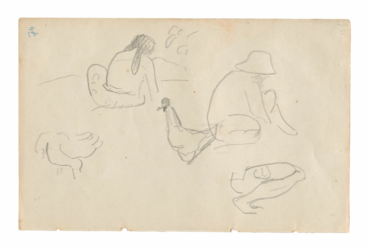 坐姿人物和鸡的素描（正面），裸女躯干（与画作《Te a no areois》有关）（背面），出自 Carnet de Tahiti（大溪地素描本）。 作者 保罗·高更