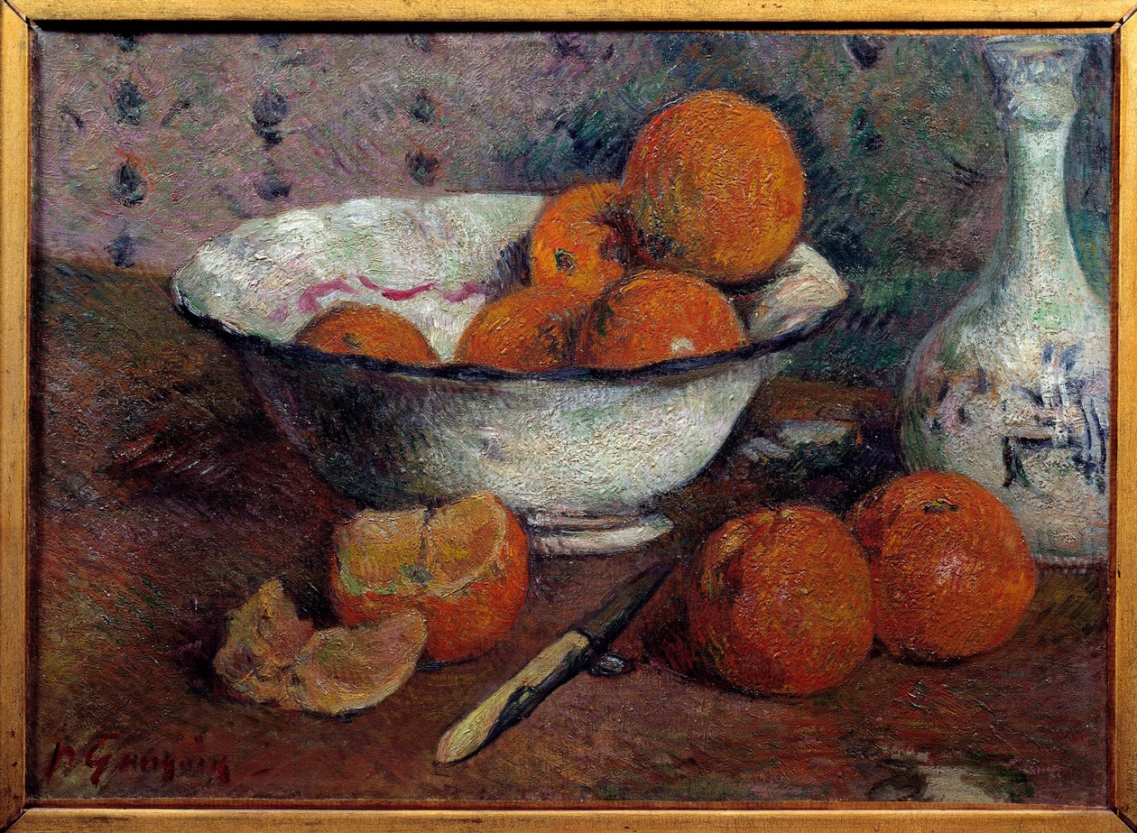 静物与橘子。 保罗·高更 (Paul Gauguin) (1848 - 1903) 的绘画，大约 1880 年。布面油画。 暗：0.33 X 0.46m。 雷恩美术博物馆 作者 保罗·高更