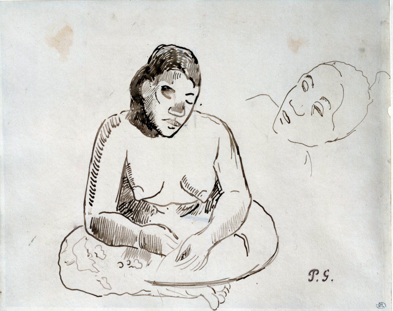 大溪地妇女坐在水墨书房 作者 Paul Gauguin (1848-1903) 19 世纪巴黎，卢浮宫博物馆 作者 保罗·高更