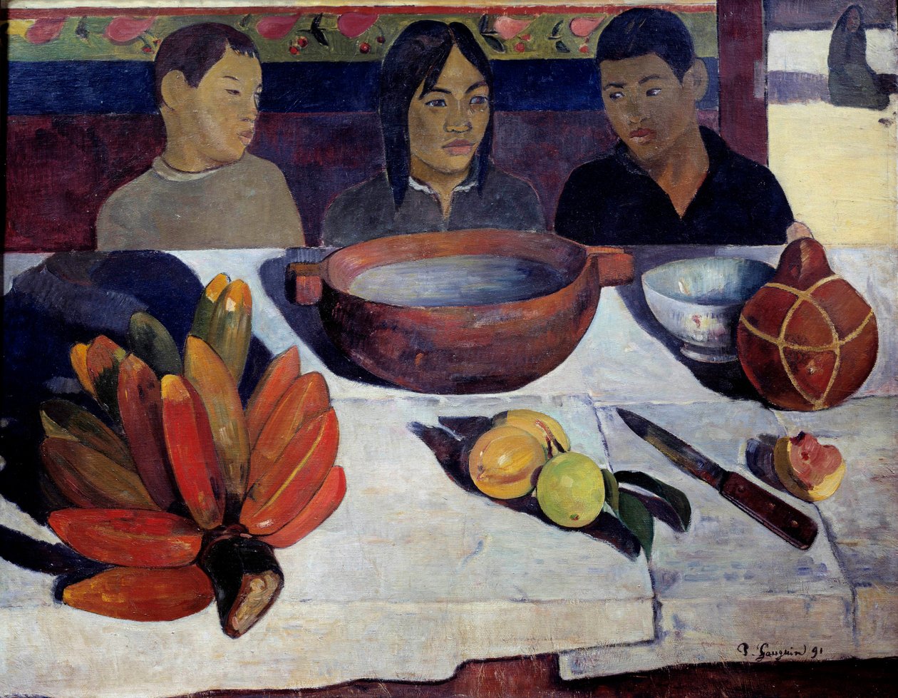 餐桌上的那顿饭或香蕉年轻的大溪地。 保罗·高更 (1848-1903) 1891 年作画 0,73 x 0,92 m 巴黎，奥赛博物馆——这顿饭也叫香蕉。 年轻的大溪地人坐在桌子后面。 保罗·高更 (1848-1903) 的绘画 作者 保罗·高更