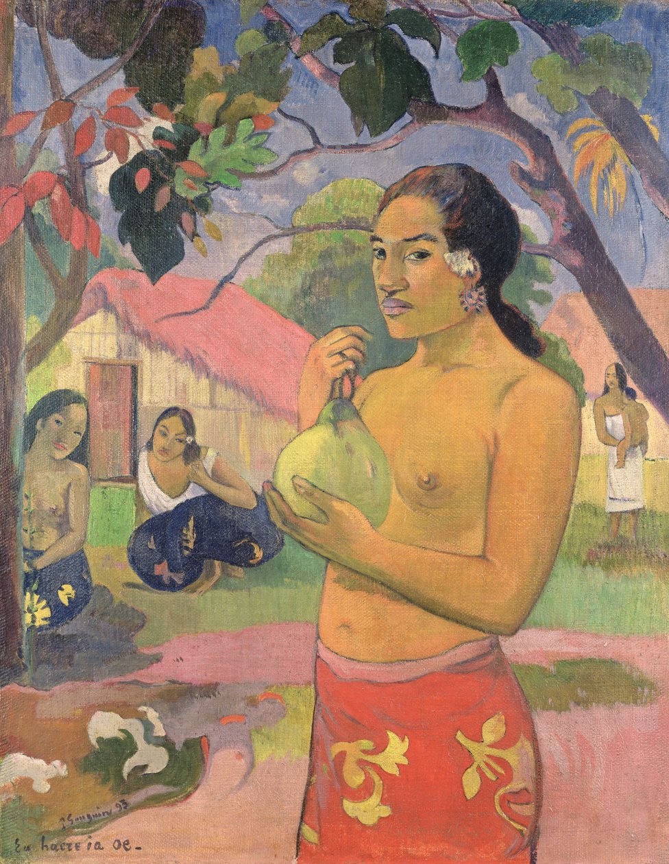 女人抱着一种水果；你要去哪里（Eu haere ia oe），1893年（布面油画） 作者 保罗·高更