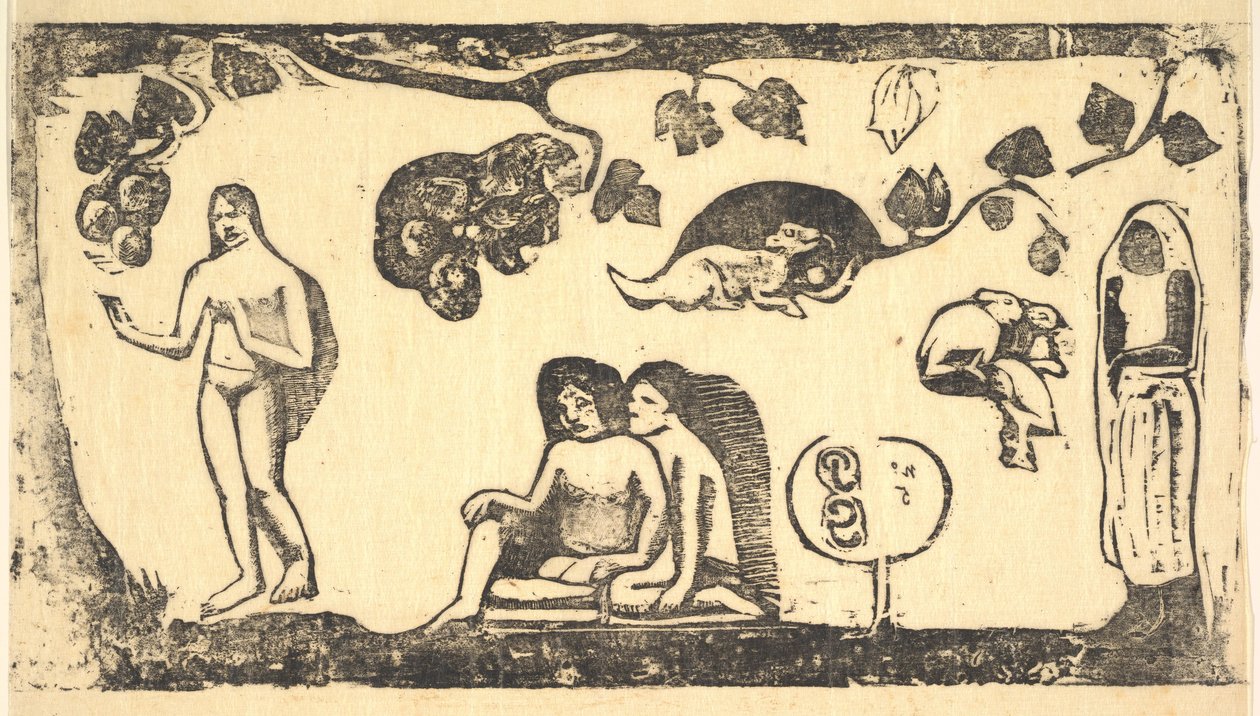 妇女，动物与叶子，1898年。 作者 保罗·高更