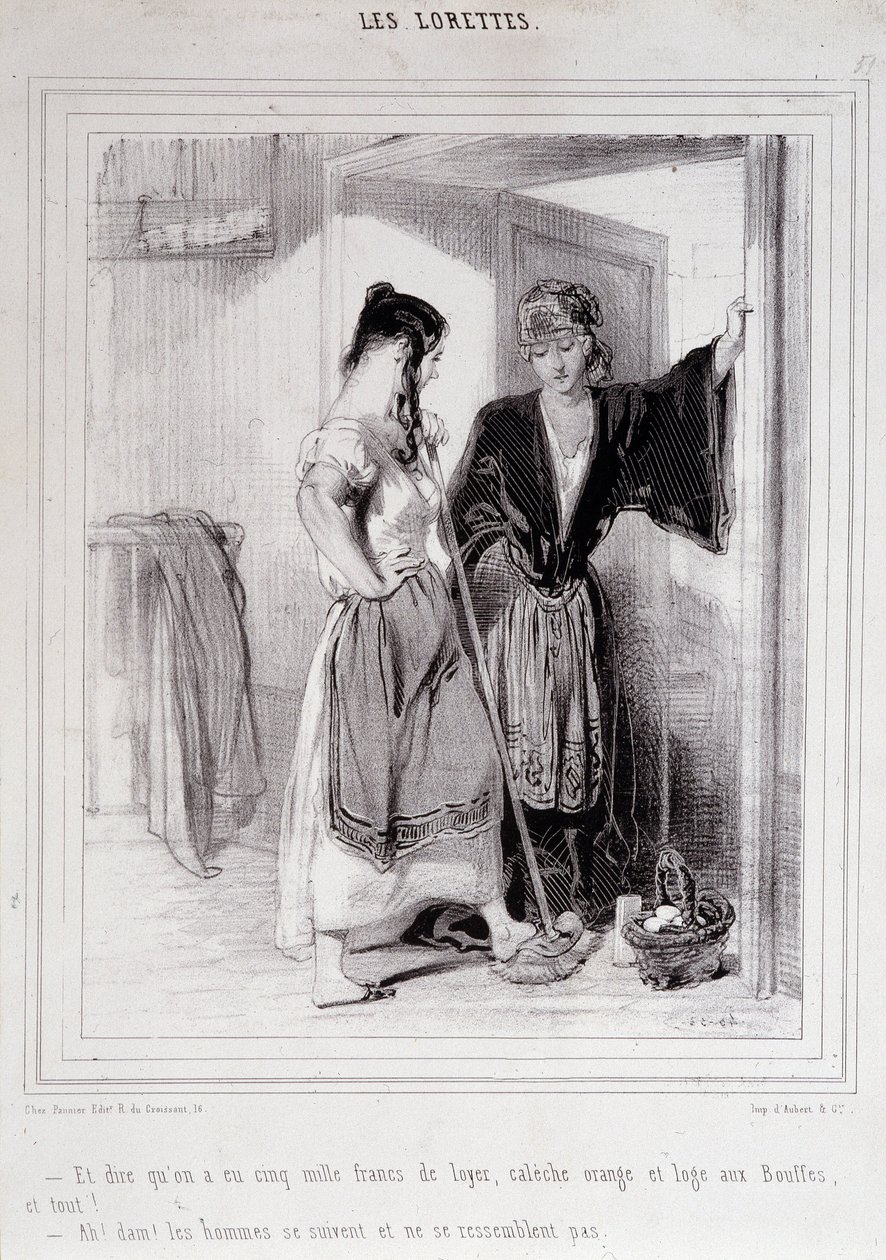 2 个可怜的女人在楼梯上谈论男人，“Les Lorettes”，Gavarni，c。 1840. 作者 保罗·加瓦尔尼