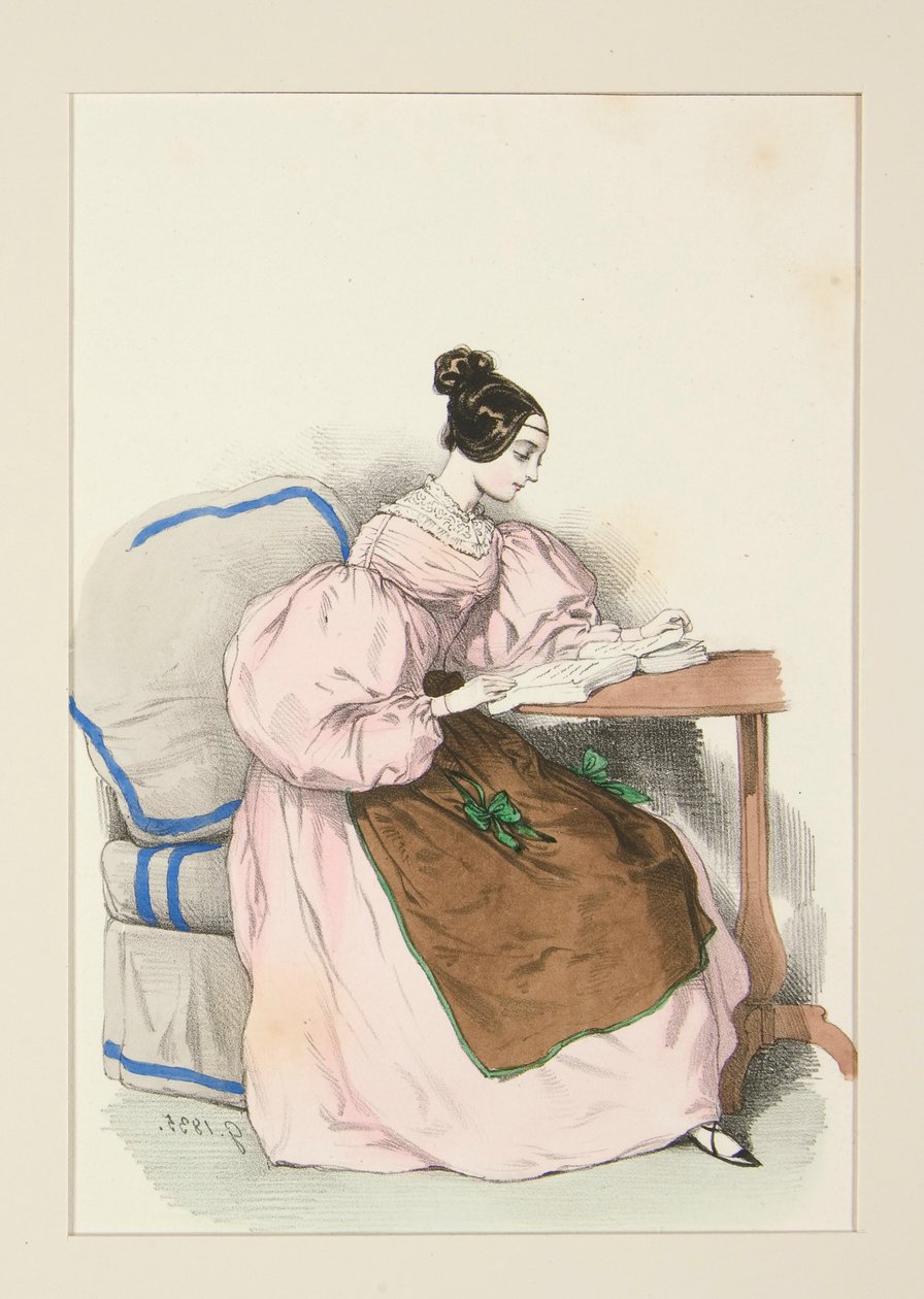CHEZ SOI（1835 年 9 月）身着巴蒂斯特面料的连衣裙。 作者 保罗·加瓦尔尼