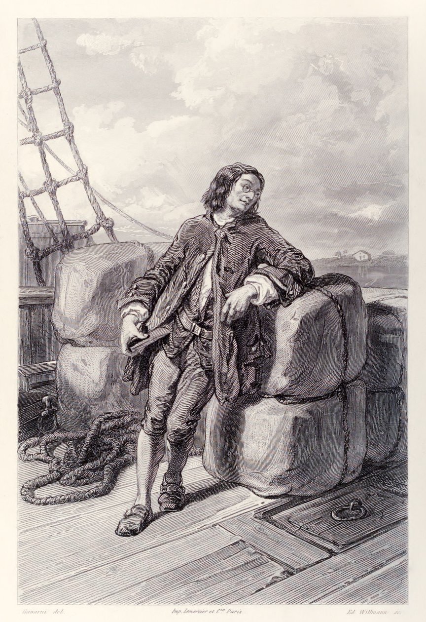 Lemuel Gulliver船长在他的商船上，来自法国版的Gullivers Travels作者：Jonathan Swift 作者 保罗·加瓦尔尼