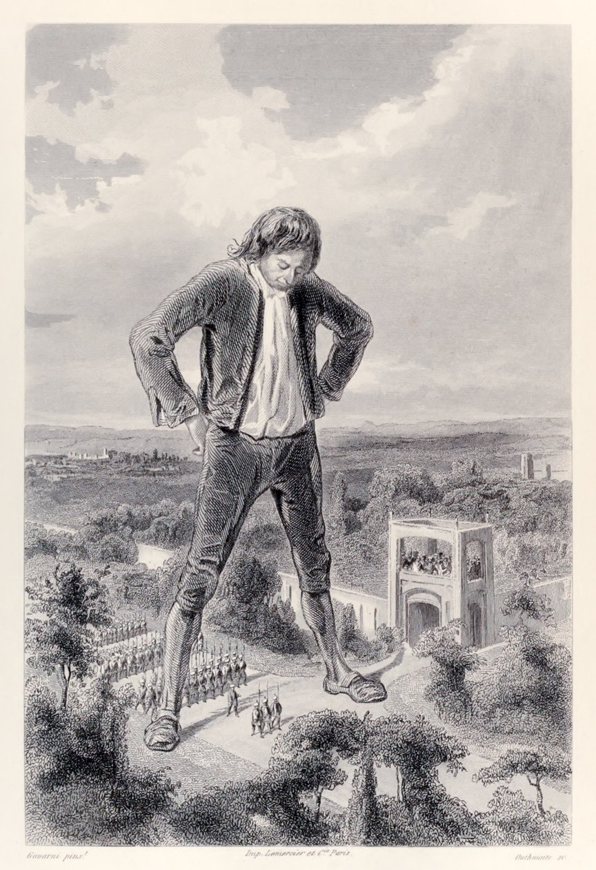 Lilliputian军队在Gulliver的腿之间游行，来自法国版的Gullivers Travels by Jonathan Swift 作者 保罗·加瓦尔尼