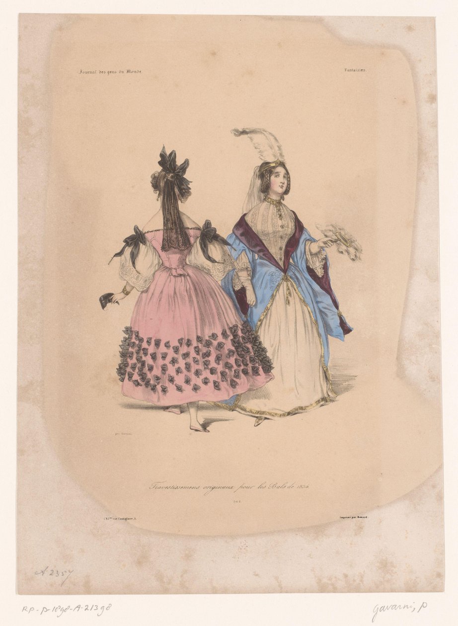 两位身着舞会礼服的女士
Travestissemens originaux pour les Bals de 1834（物品上的标题）
Fantaisies（系列标题）
Fantaisies（物品上的系列名称） 作者 保罗·加瓦尔尼