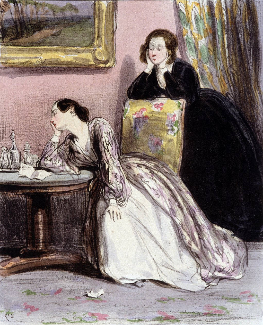 Two women in conversation about lovers, “Fourreries de femmes”, Gavarni, c. 1840. 作者 保罗·加瓦尔尼