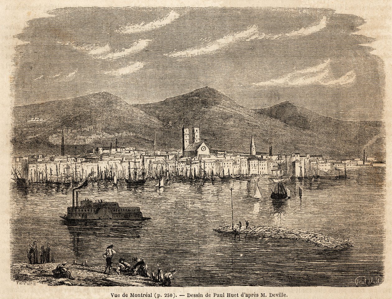 View of Montreal, drawing by Paul Huet (1803-1869), to illustrate the voyages to North America in 1854-1855, by L. Deville. Engraving in “” Le tour du monde”” 1861. Selva
