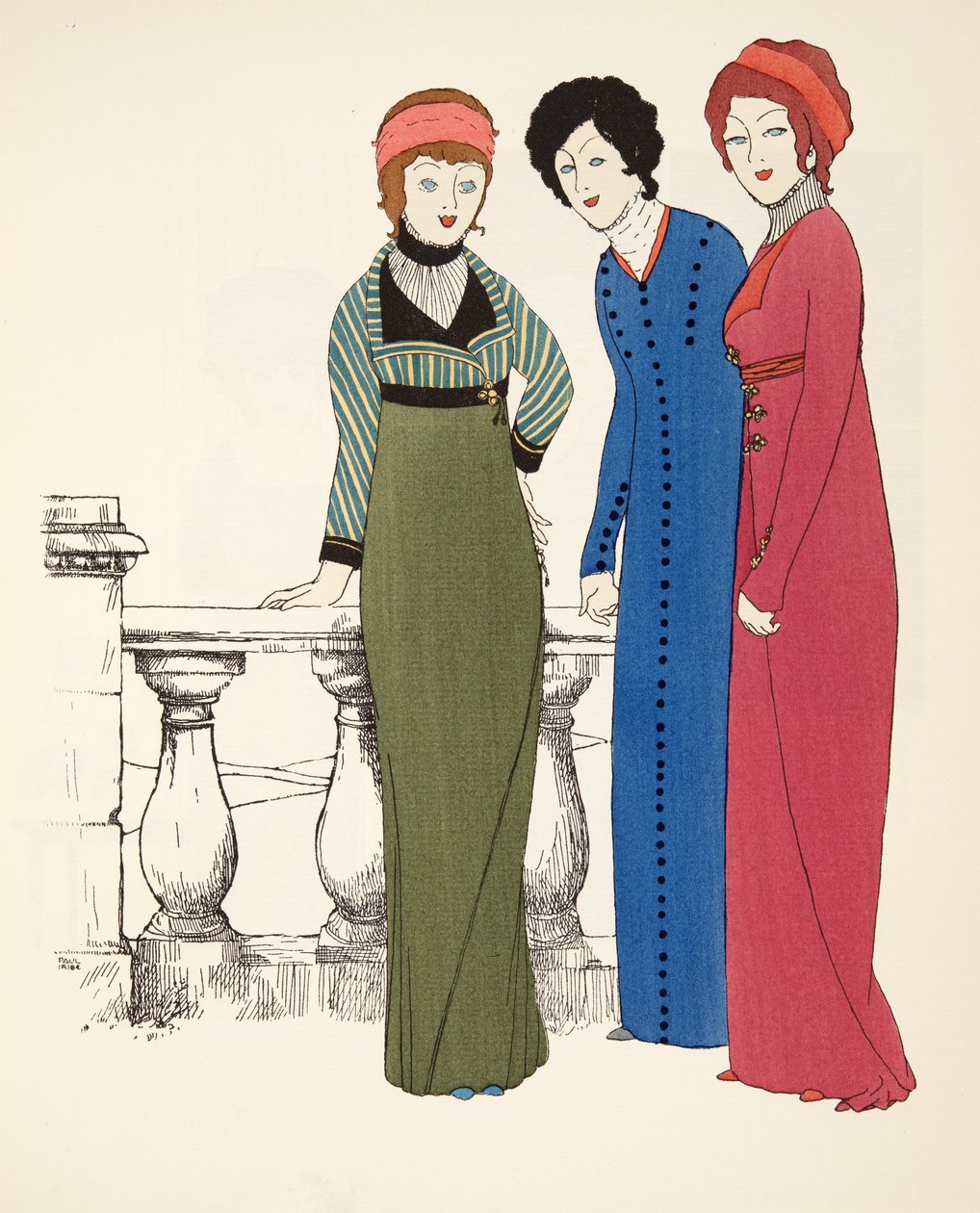 保罗Poiret酒吧礼服的三个帝国线晚礼服。 1908年（模版印刷） 作者 保罗·伊里贝（Paul Iribe）