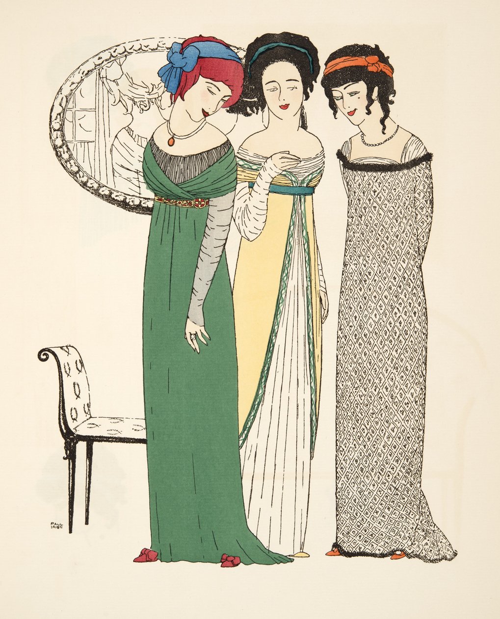 Paul Poiret酒吧连衣裙的三件晚礼服。 1908年（模版印刷） 作者 保罗·伊里贝（Paul Iribe）
