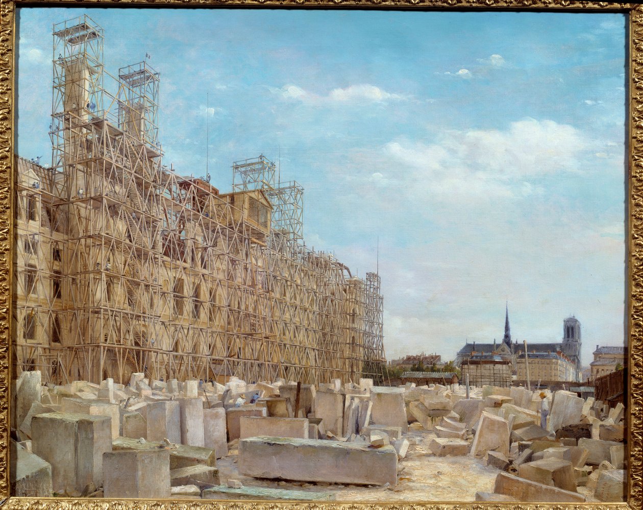 The City Hall of Paris in reconstruction The building, fire in 1871 by the Communards, is being rebuilt and covered with scaffolding and stone block. Painting by Victor Dargaud (ca. 1850-a. 1913) 1880 Sun. 0,65 x 0,81 m Paris, musee Carnavalet - City Hall  作者 保罗·约瑟夫·维克多·达高
