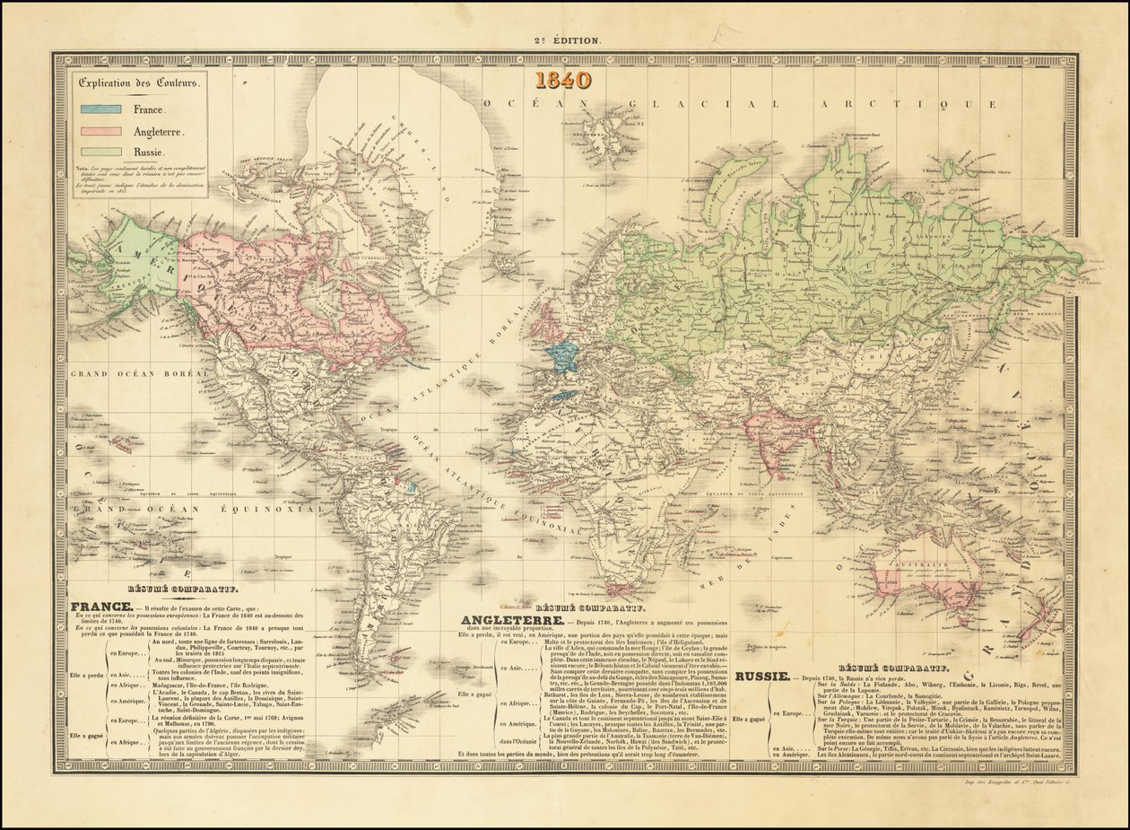 1840 年法国世界地图，描绘了大英帝国、法兰西帝国和俄罗斯帝国的领土 作者 保罗·凯佩林