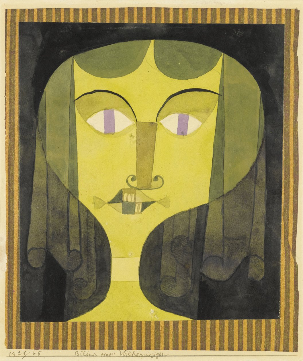 "保罗-克利（1879-1940）的水彩画《紫罗兰眼睛女人的肖像》（Portrait de femme aux yeux violets） - 1921 - 尺寸 22,1x19 厘米 私人收藏 作者 保罗·克莱