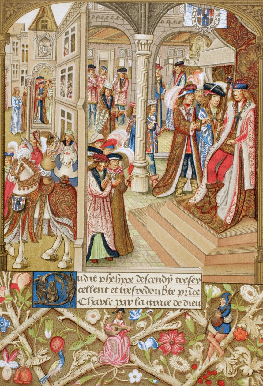 1433-1477 年，勃艮第公爵查尔斯-波德（Charles The Bold）坐在他的宝座上，身边有他的男爵和议员。根据 15 世纪手稿《勃艮第编年史节选》绘制。 作者 保罗·拉克鲁瓦
