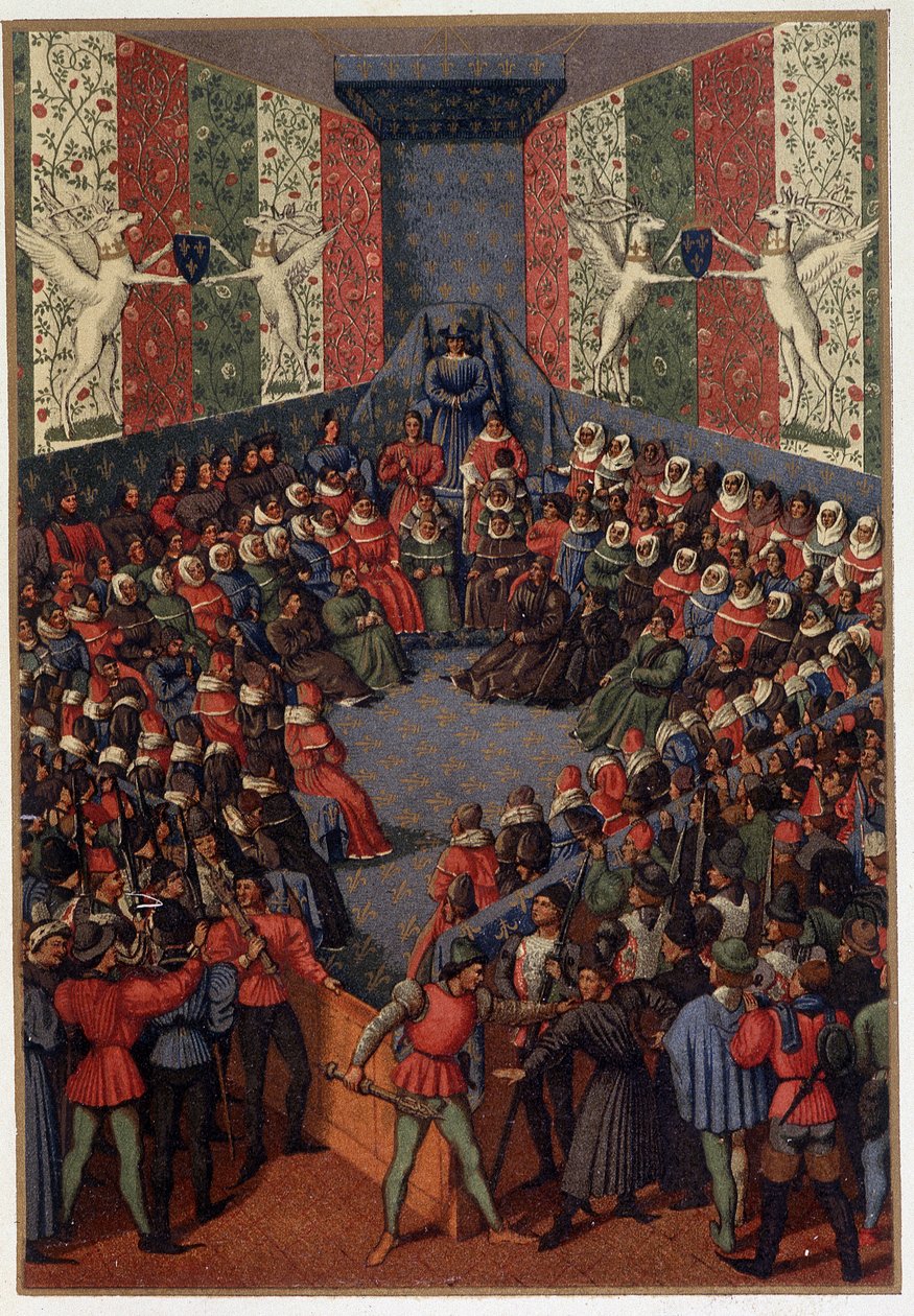 Charles VII presiding over the judgment of John, Duke of Alencon (allied to the English) at Vendome in 1458 - after the miniature of Fouquet, in “” Military and religious life in the Middle Ages and the Renaissance era” by Paul Lacroix, Paris 作者 保罗·拉克鲁瓦