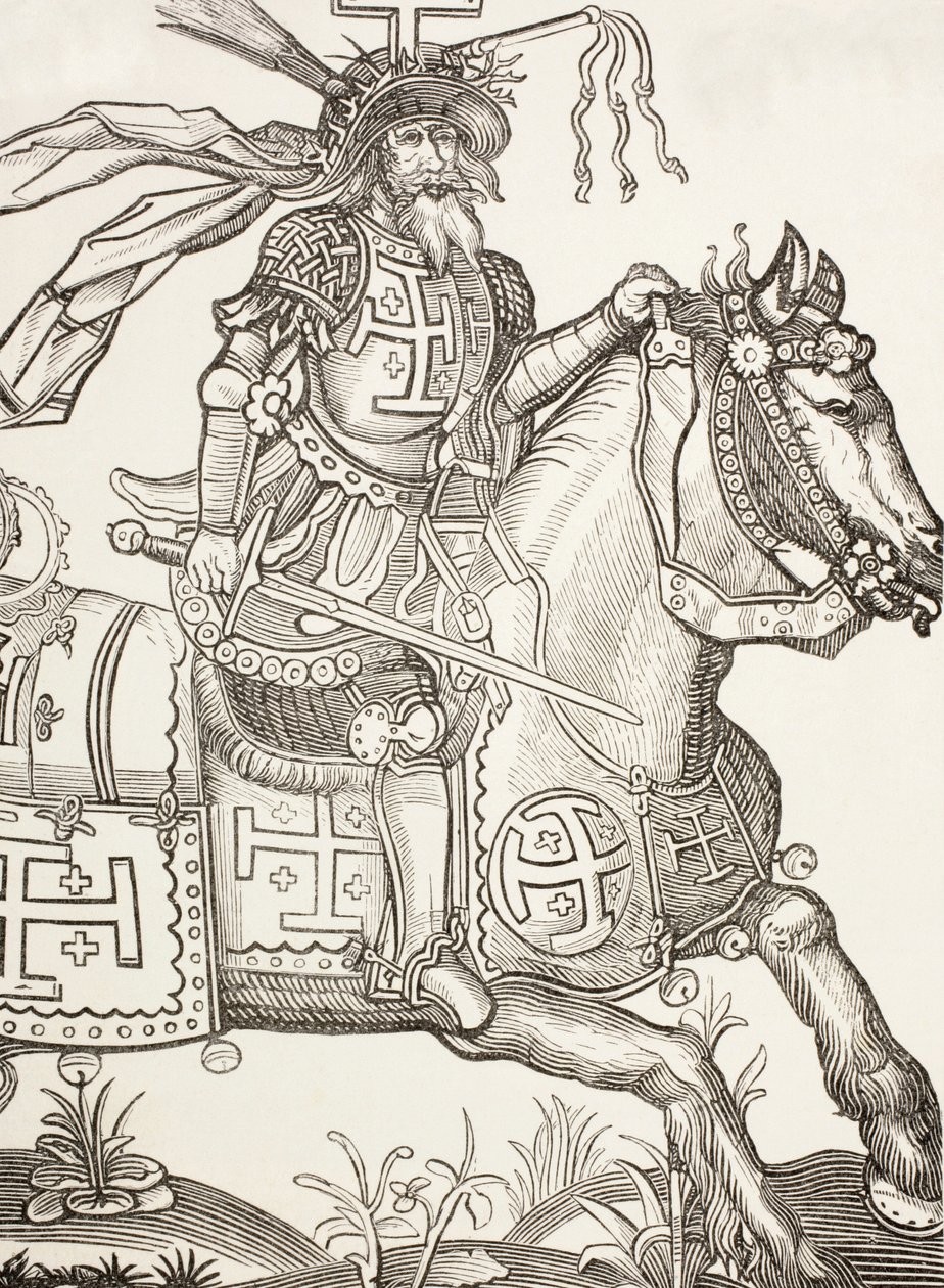 Godfrey Of Bouillon，约 1060 - 1100 年，中世纪法兰克骑士。第一次十字军东征的领袖。图中他头戴基督受难工具的皇冠。根据 15 世纪的木刻绘制。 作者 保罗·拉克鲁瓦