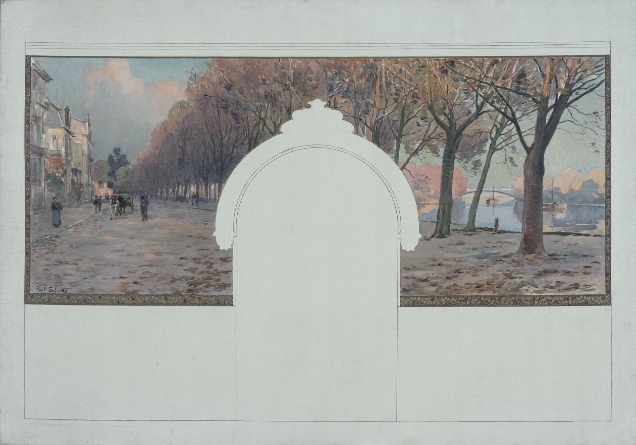 阿斯尼亚尔市政厅草图：风景。Quais de la Seine à Asnières，约 1901 年（布面黑墨油画） 作者 保罗·莱昂·菲利克斯（Paul Léon Felix）（致）施密特