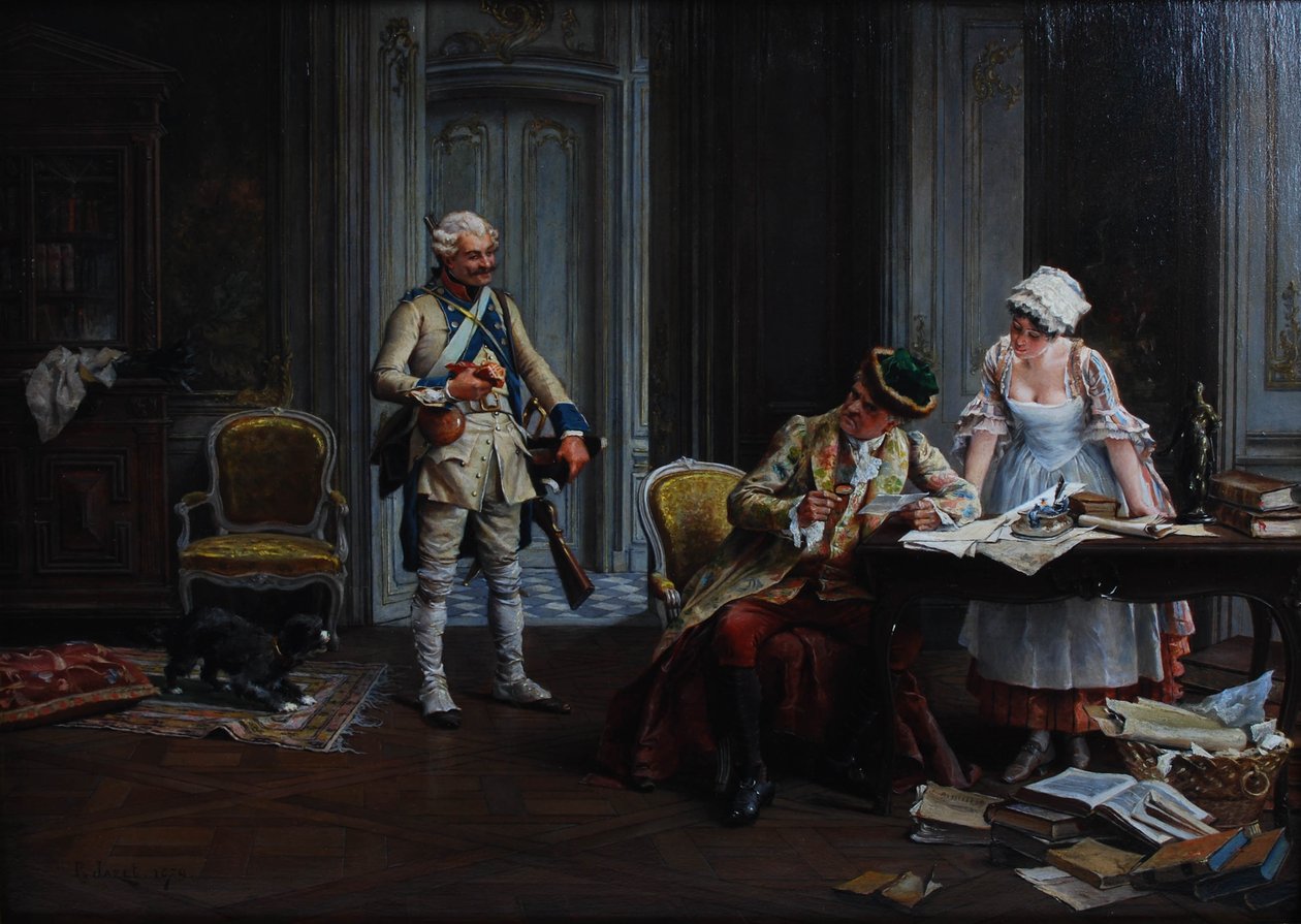 Le Billet de Logement.板上油画，签名和年代：P Jazet 1879 作者 保罗·莱昂·贾泽特