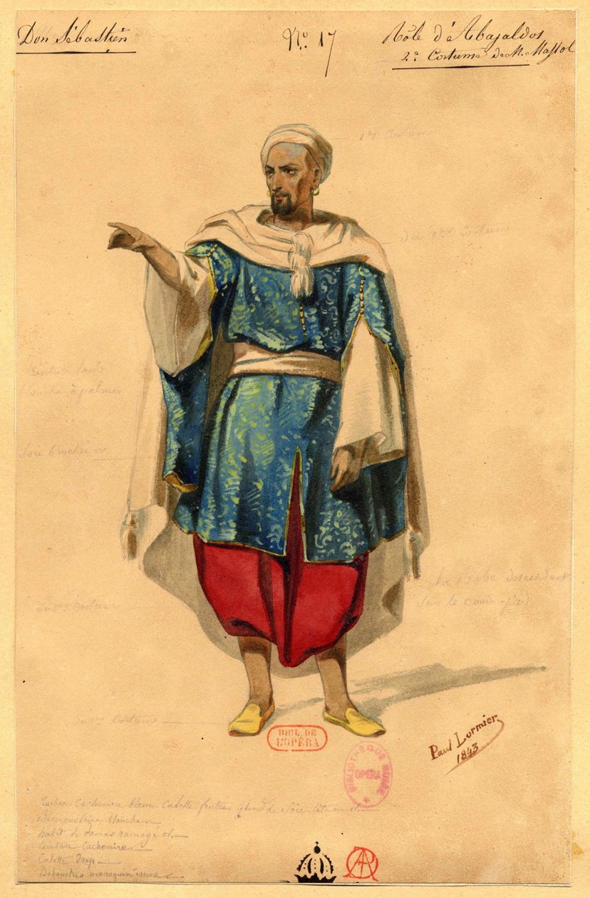 阿巴亚尔多斯。歌剧《Dom Sébastien》的服装设计，葡萄牙国王，1843年。 作者 保罗·洛尔米耶