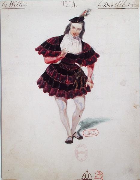 阿道夫-亚当（1803-56）为《吉赛尔》设计的阿尔布雷希特公爵的服装，约1841年（纸上水彩）。 作者 保罗·洛尔米耶