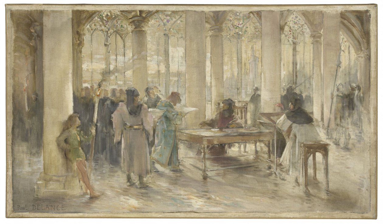 巴黎商事法院法庭草图：Le livre des métiers，约 1891 年（铅笔、布面油画） 作者 保罗·路易斯·德兰斯