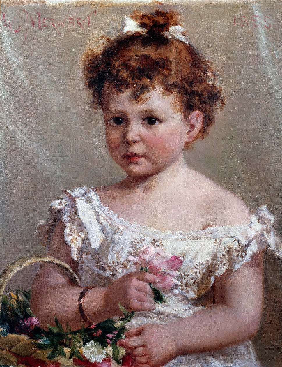 篮子里的女孩或 Helene Loeb，未来的维克多·里昂夫人，两岁时 Paul Merwart (1855-1902) 19 世纪 Sun 作画。 0,46x0,38 m 作者 保罗·默沃特