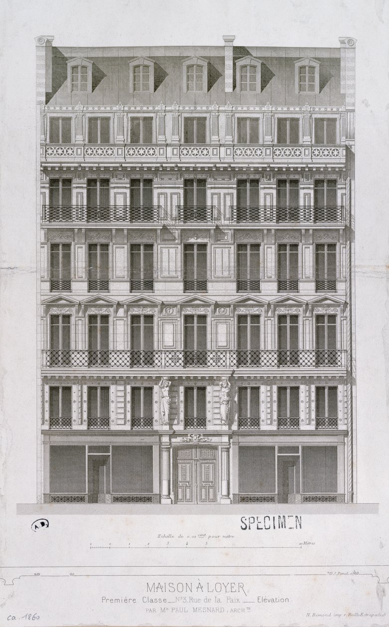 设计为巴黎rue de la Paix的奥斯曼风格的公寓楼，1860年 作者 保罗·梅纳德