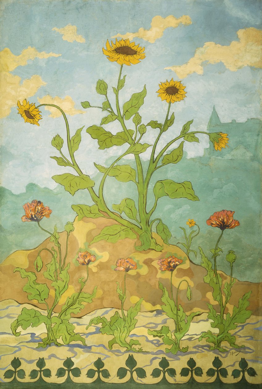 向日葵和罂粟；万寿菊和罂粟花，1899年 作者 保罗·埃利·兰森