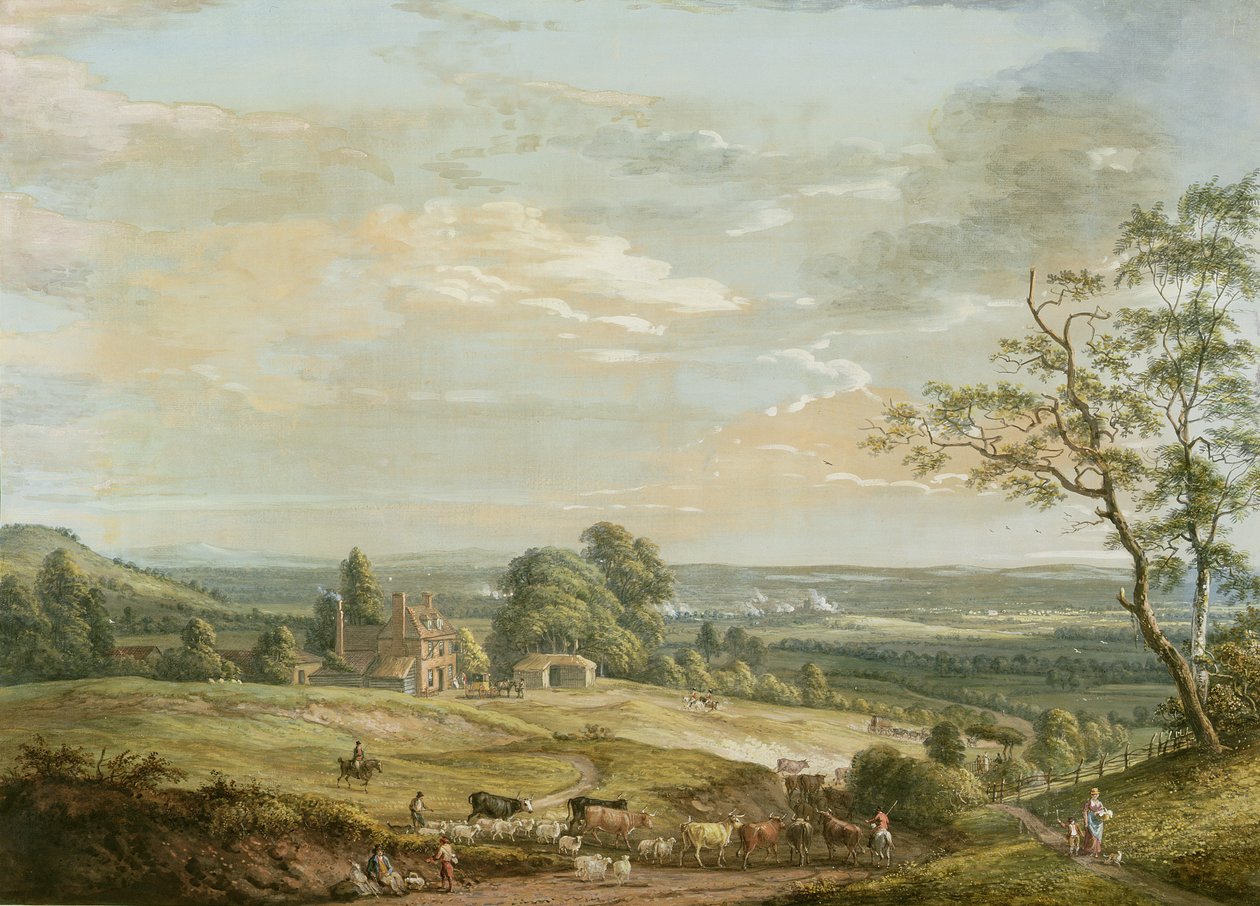 Boxley Hill Lower Bell Inn的Maidstone远景（纸上水粉） 作者 保罗·桑德比