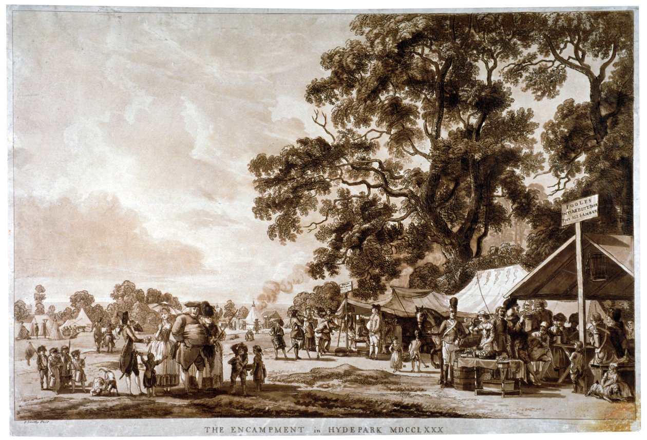 伦敦海德公园的军营，1780年。                                                         作者 保罗·桑德比