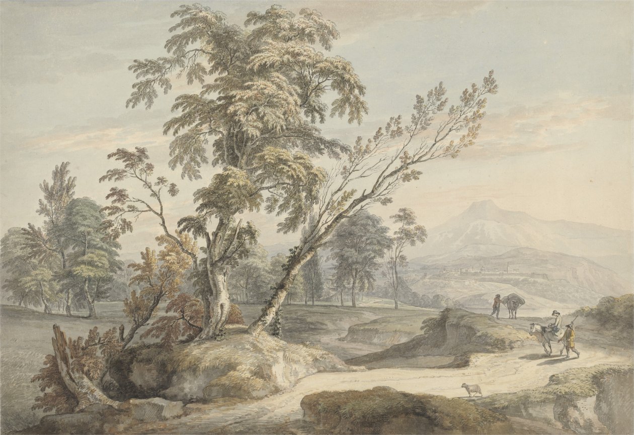 2号旅行者，约1760年的意大利风景（石墨上的水彩，钢笔和灰色墨水） 作者 保罗·桑德比