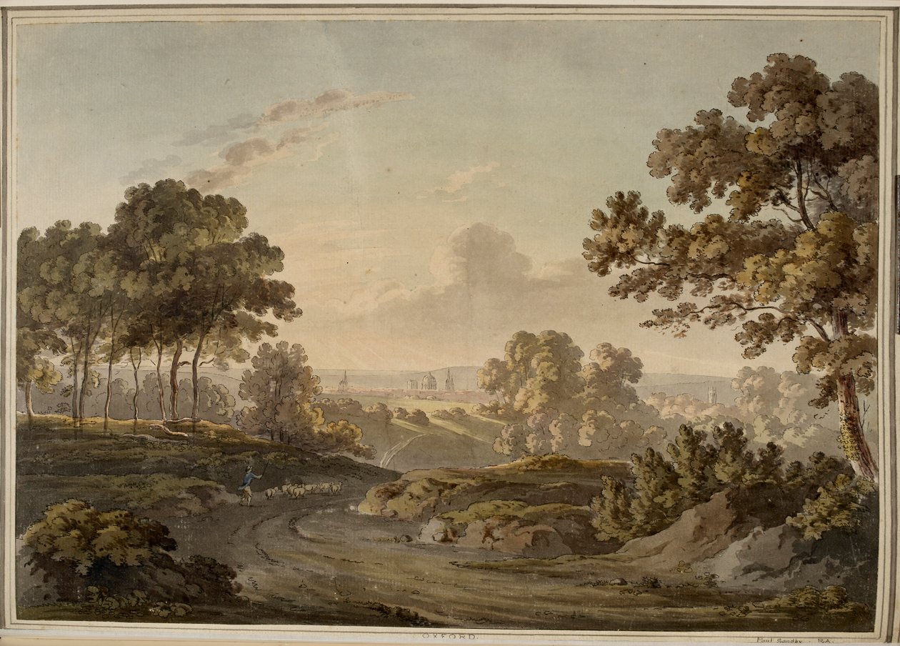 Oxford [graphic]. Shepherd herding sheep on road toward Oxford, which is visible on the horizon lit by the glow of sunset.   1452660   zh       chinese Successfully Translated  Original: The Death of Leander, predella panel of The Last Watch of Hero Transl 作者 保罗·桑德比