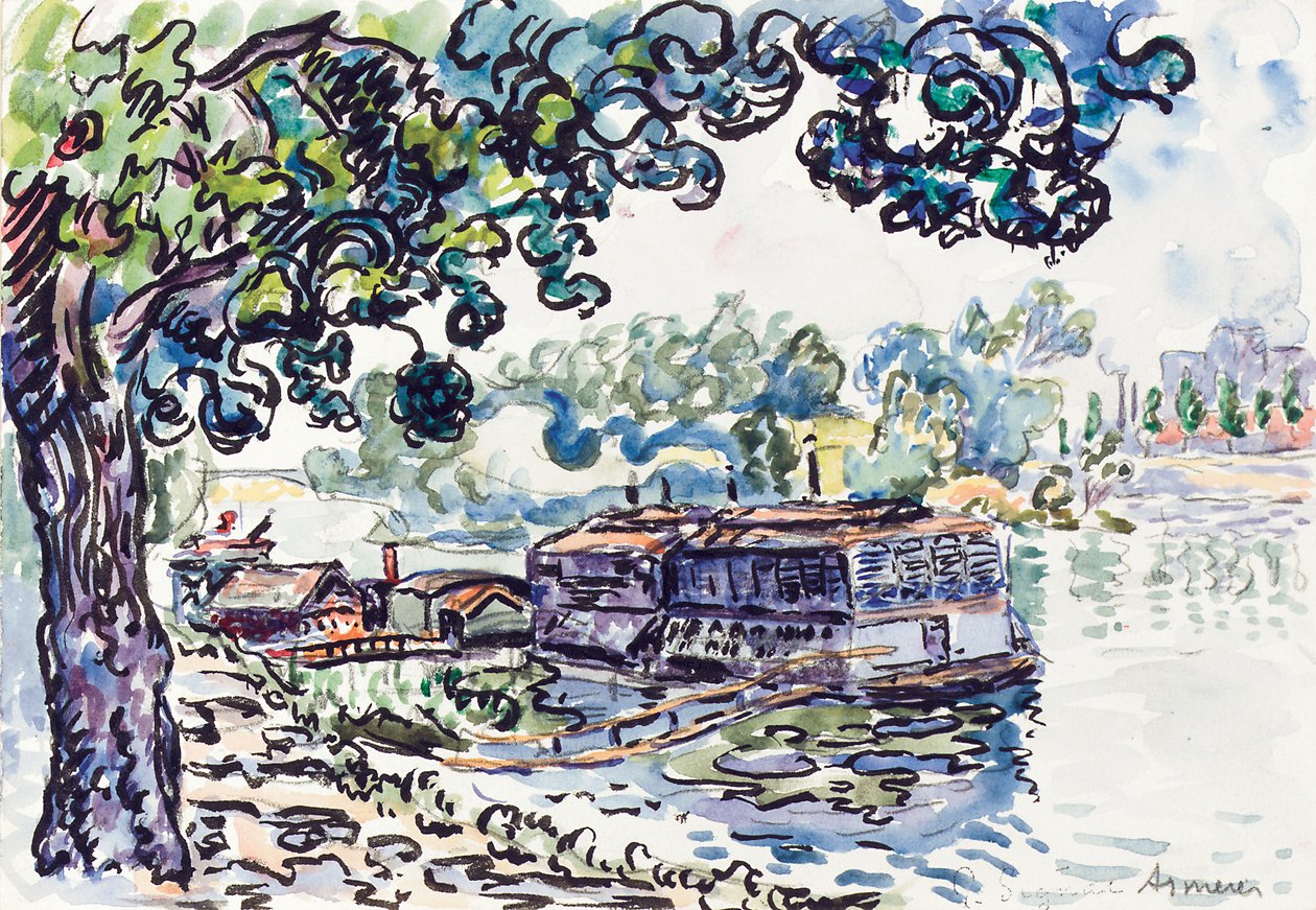 Asnières，约1900-05年（带纸，笔和黑色墨水在纸上的铅笔上） 作者 保罗·西尼亚克