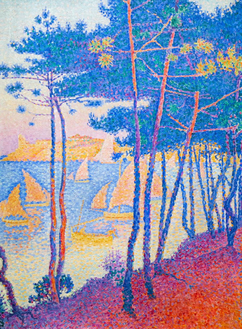 帆船和松树，c。 1896（布面油画） 作者 保罗·西尼亚克