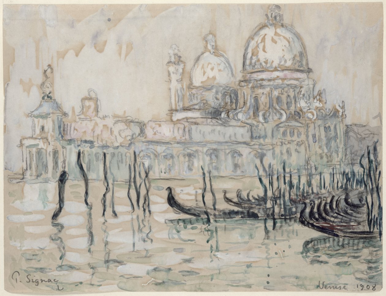 威尼斯，或贡多拉，1908年（黑色粉笔和纸上的卫生纸） 作者 保罗·西尼亚克