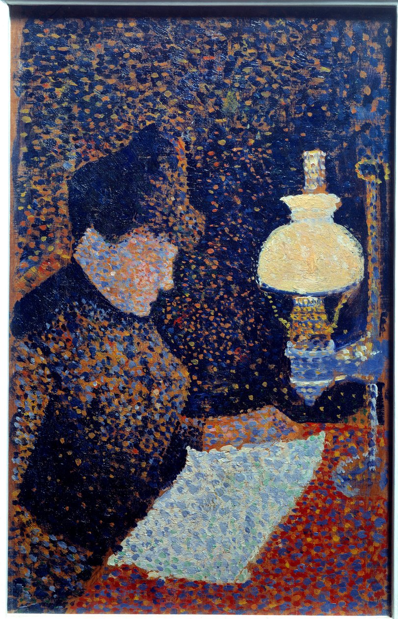 在灯下的女人。点画法。保罗·西纳克（Paul Signac）绘画 作者 保罗·西尼亚克