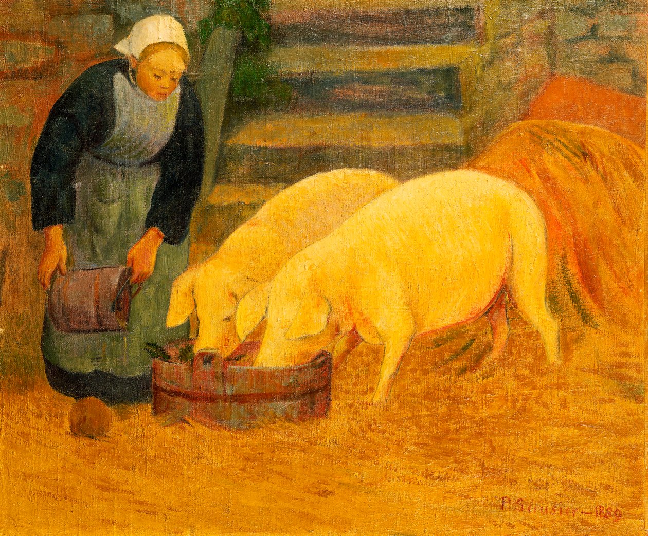 一个小女孩喂两只猪，1889年 作者 保罗·塞鲁西耶