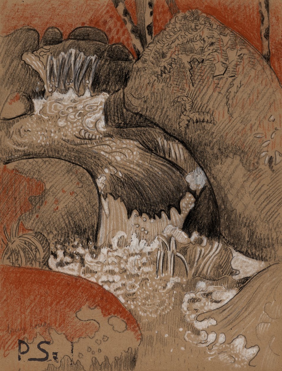 韦尔戈特的岩石，约 1892 年（木炭、红色和白色粉笔） 作者 保罗·塞鲁西耶
