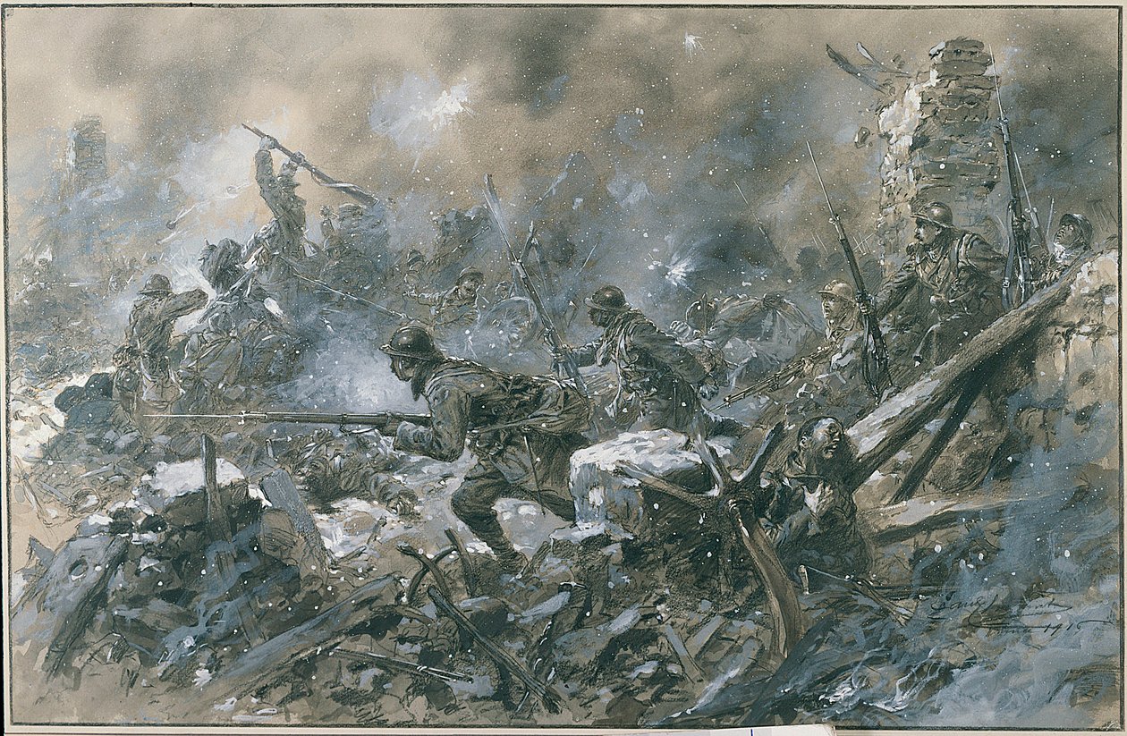 第一次世界大战（1914-1918）：“1916 年凡尔登前线沃村的反击””Paul Thiriat Paris 水彩画。 博物馆，Deux guerre mondiale DR - 法军对凡尔登附近沃村的反击 作者 保罗·提里亚特