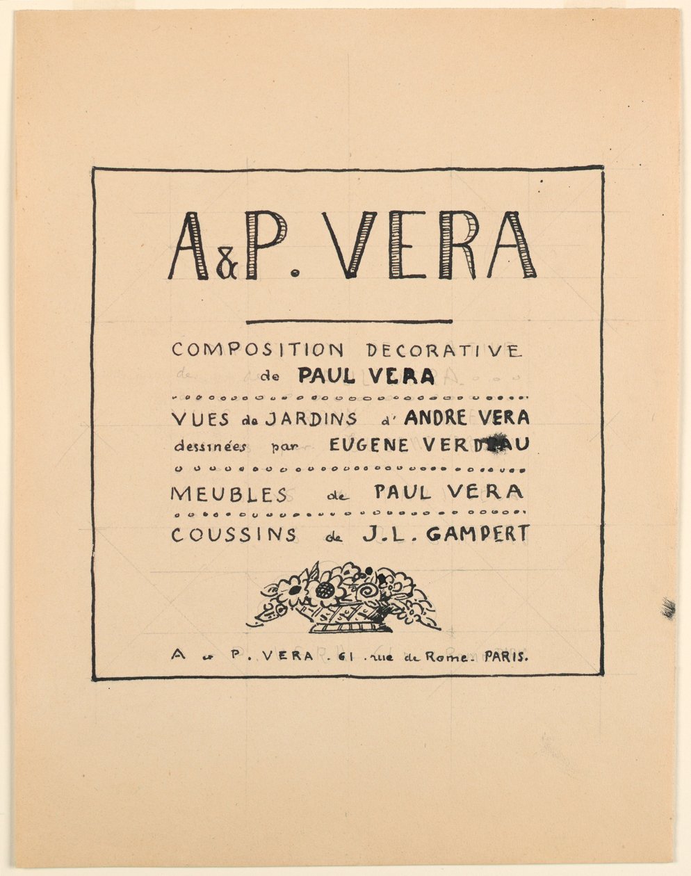 图纸，扉页，A & P Vera，Paul Vera的装饰构图/Eugène Verdeau绘制的André Vera的花园景色/Paul Vera的家具/J. L. Gampert的坐垫，1912-19年 作者 保罗·维拉