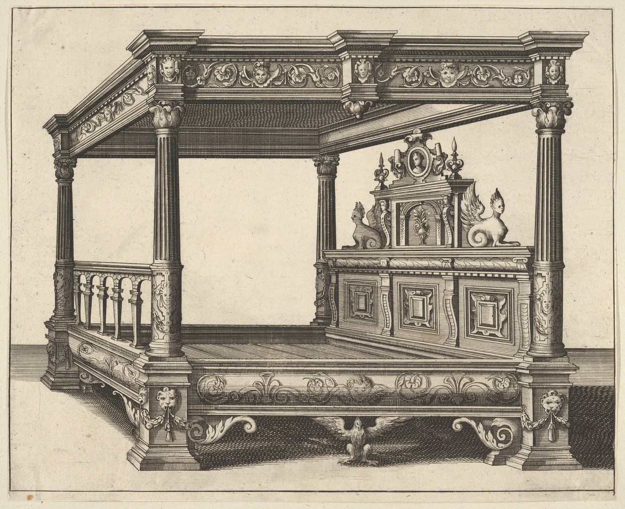 Verscheyden Schrynwerck的天篷床[几个木匠]，1658年。 作者 保罗·弗雷德曼·德弗里斯