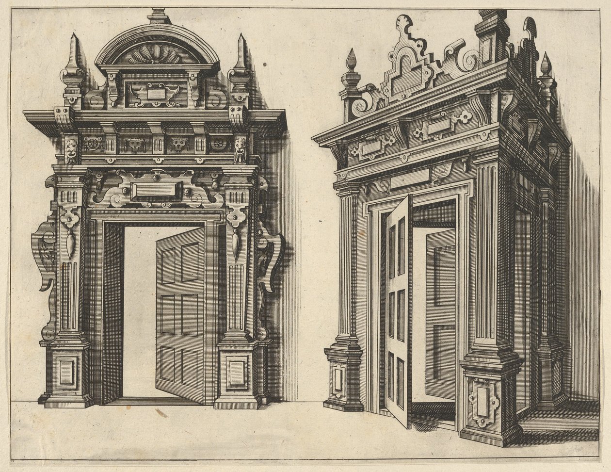 Verscheyden Schrynwerck的两个木制门户……[Plusieurs Menuiseries ...]，1658年。 作者 保罗·弗雷德曼·德弗里斯