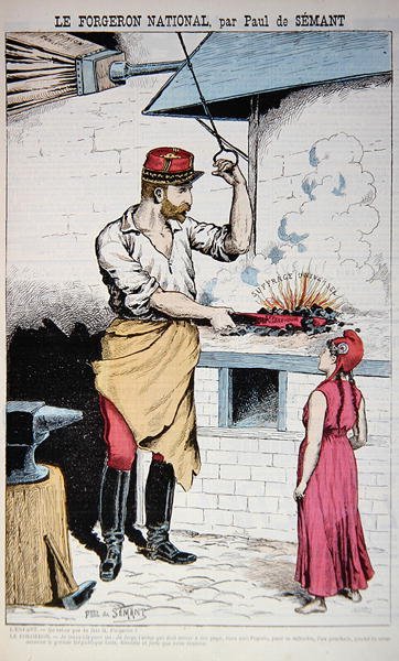 1889年6月9日，"La Bombe "的插图，描绘了布兰格将军和玛丽安，关于1889年法国选举的漫画（彩色平版印刷）。 作者 保罗·德·塞曼特