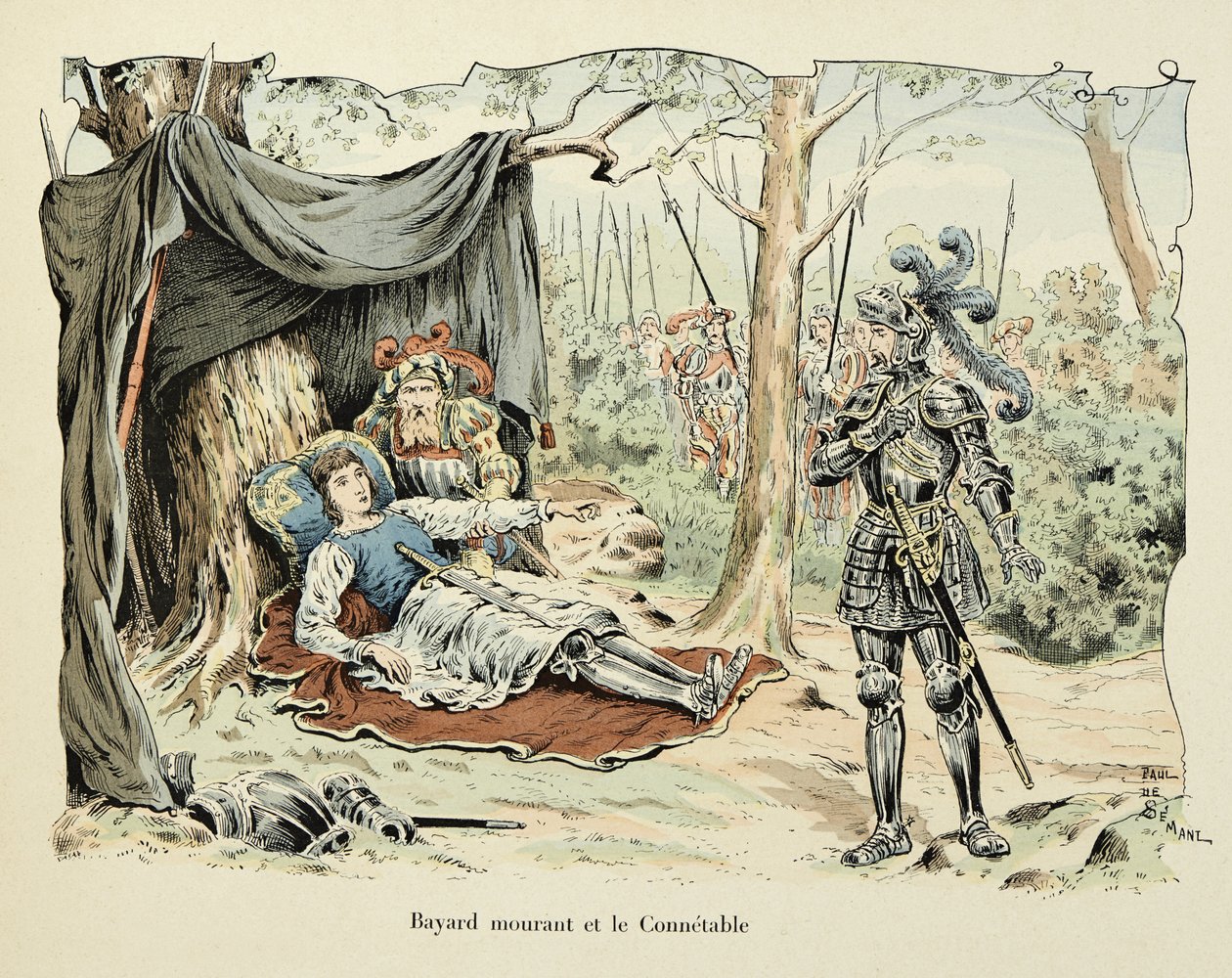 插图取自 Theodore Cahu 的“Histoire du chevalier Bayard”一书，由 Paul De Semant（1855-1915）绘制：Bayard 垂死和 Le Connetable de Bourbon 1524 作者 保罗·德·塞曼特