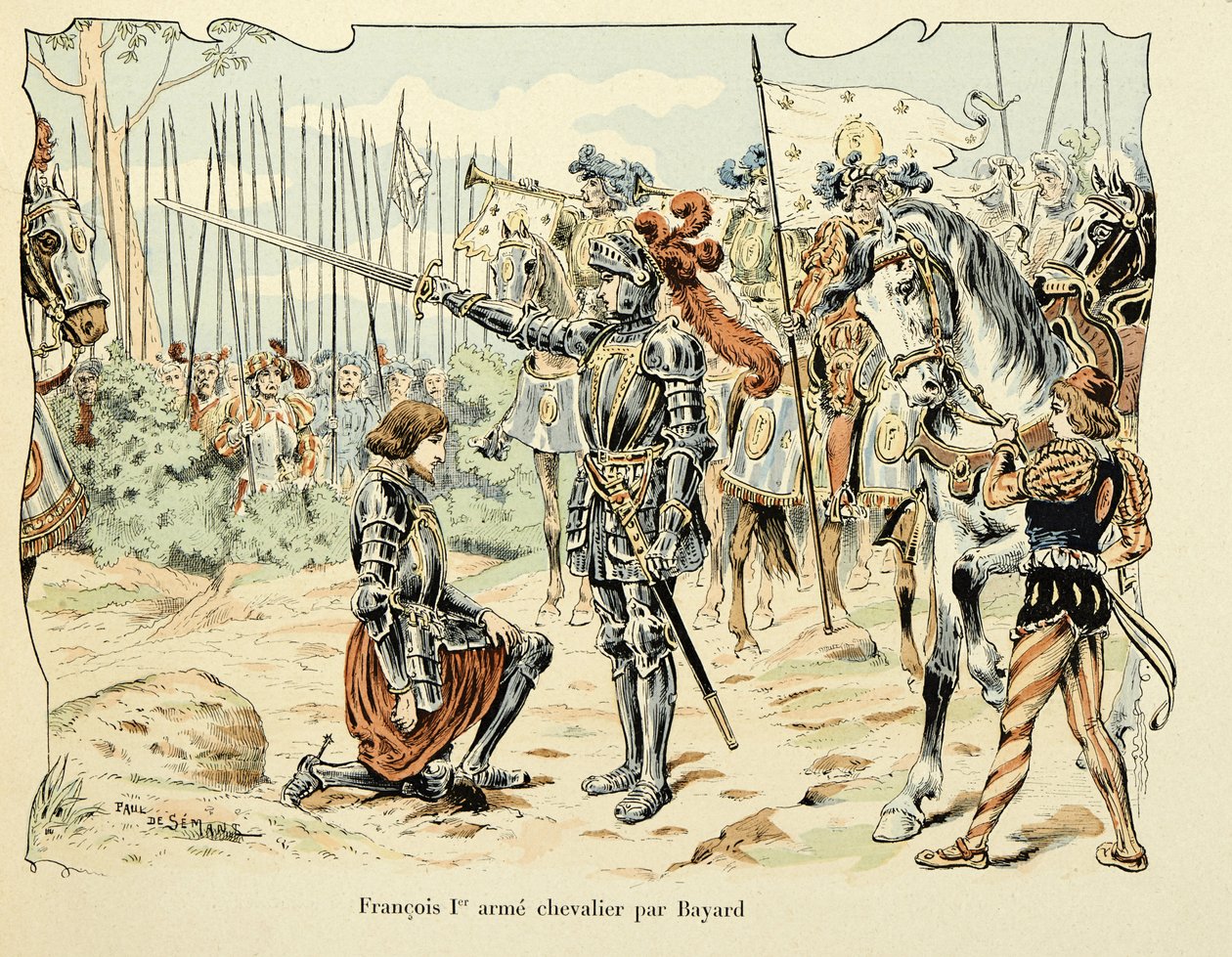 插图取自 Theodore Cahu 的“Histoire du chevalier Bayard”一书，由 Paul De Semant（1855-1915 年）绘制：Francois 1，erarme chevalier par Bayard 1515 作者 保罗·德·塞曼特
