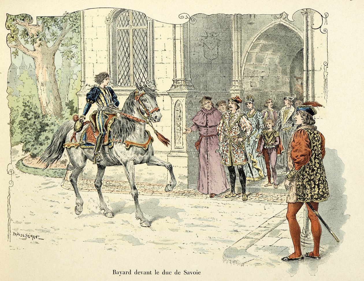 插图取自 Theodore Cahu 的“Histoire du chevalier Bayard”一书，由 Paul De Semant（1855-1915 年）绘制：1486 年萨伏依公爵之前的 Bayard 11 岁 作者 保罗·德·塞曼特