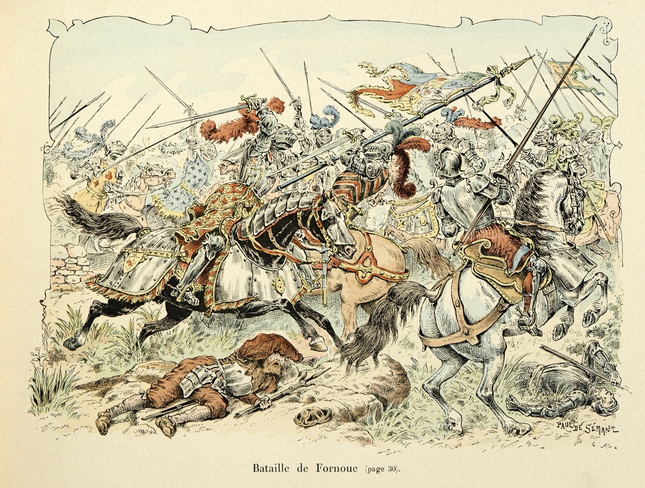 插图取自 Theodore Cahu 的“Histoire du chevalier Bayard”一书，由 Paul De Semant（1855-1915）绘制：1495 年 Fornoua 战役 作者 保罗·德·塞曼特